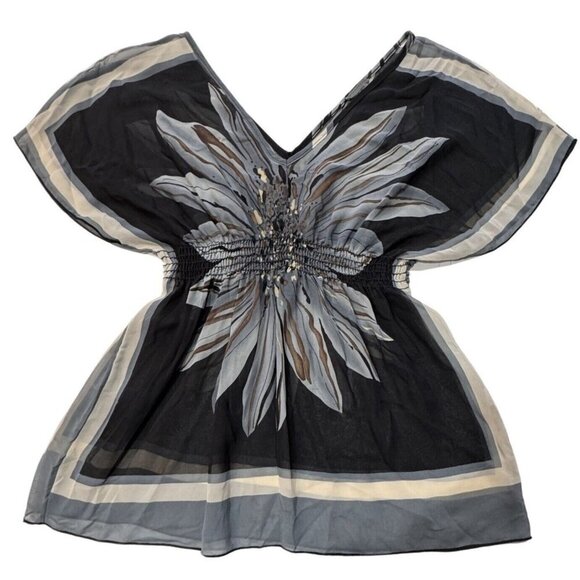 Semi-Sheer Floral Handkerchief Blouse Women's XS (0-2) Black Gray Boho Indie Hip - Picture 3 of 13